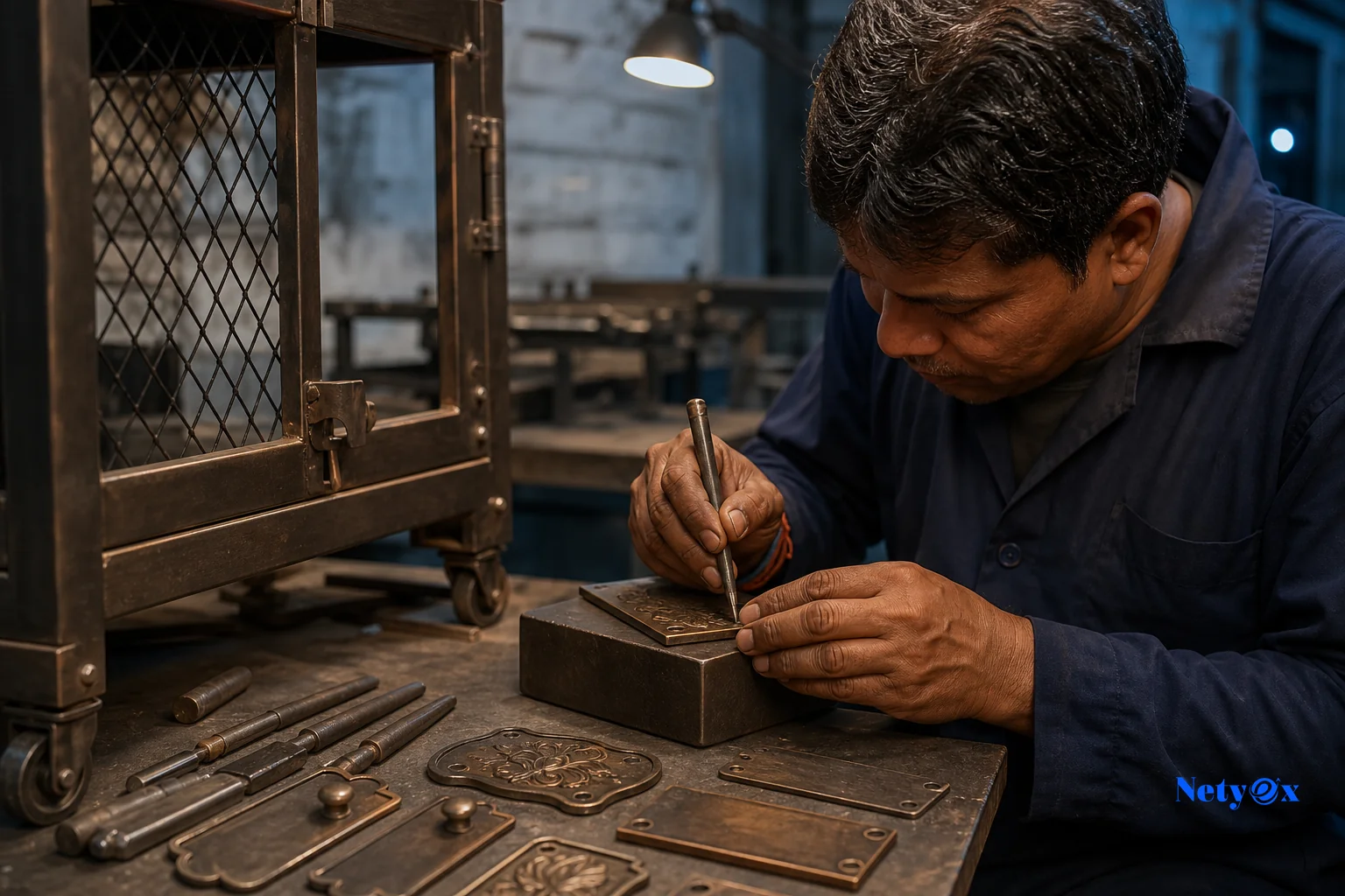 Craftsman customizing an iron furniture piece with engraving or branded hardware for a private label order. Photorealistic photo of a skilled Indian artisan hand-finishing a custom industrial-style iron furniture piece, engraving a