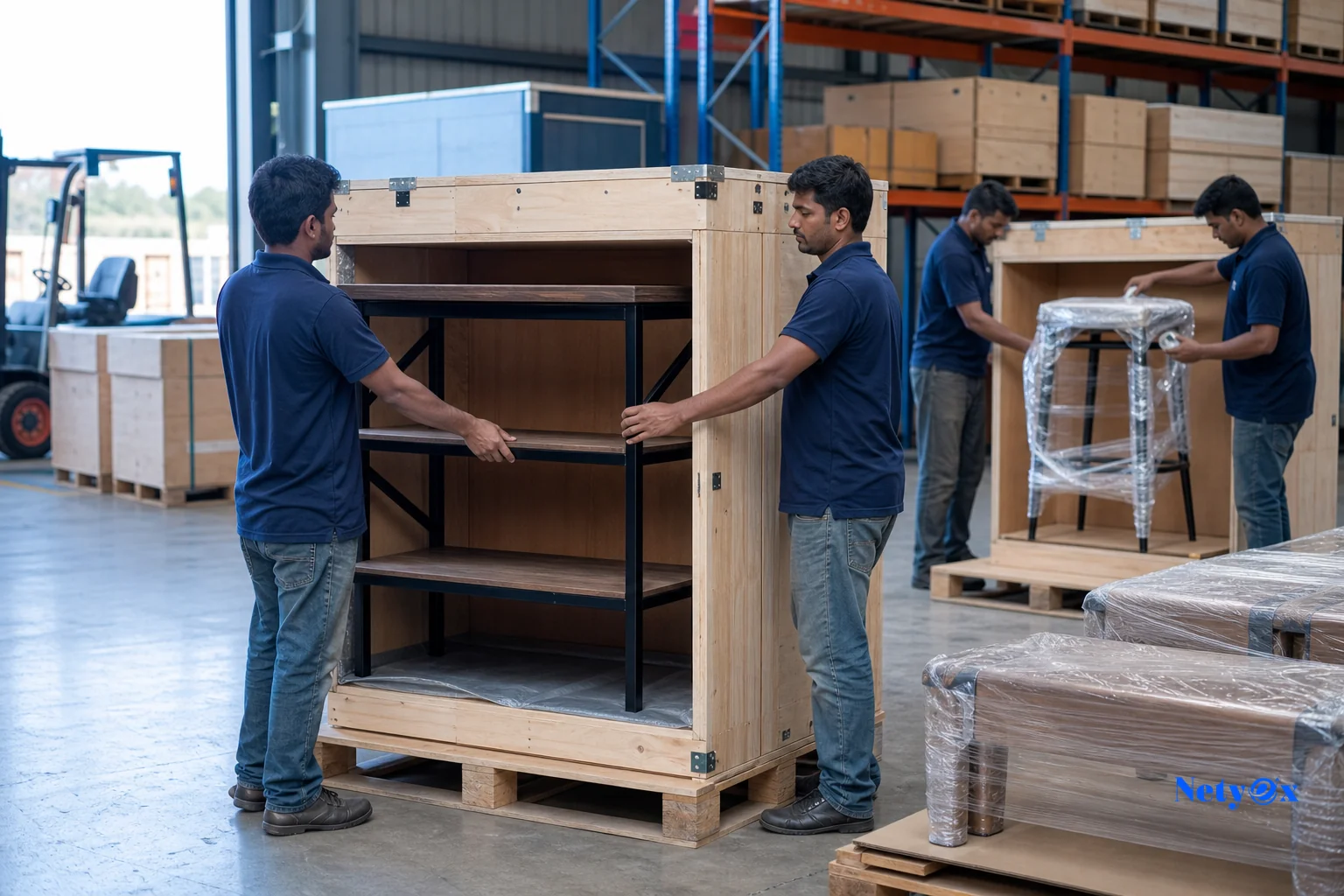 Workers packing heavy iron and wood furniture into wooden export crates with protective wrapping. Photorealistic photo of warehouse workers in India packing heavy industrial iron-and-wood furniture pieces, such as a metal shelving unit and