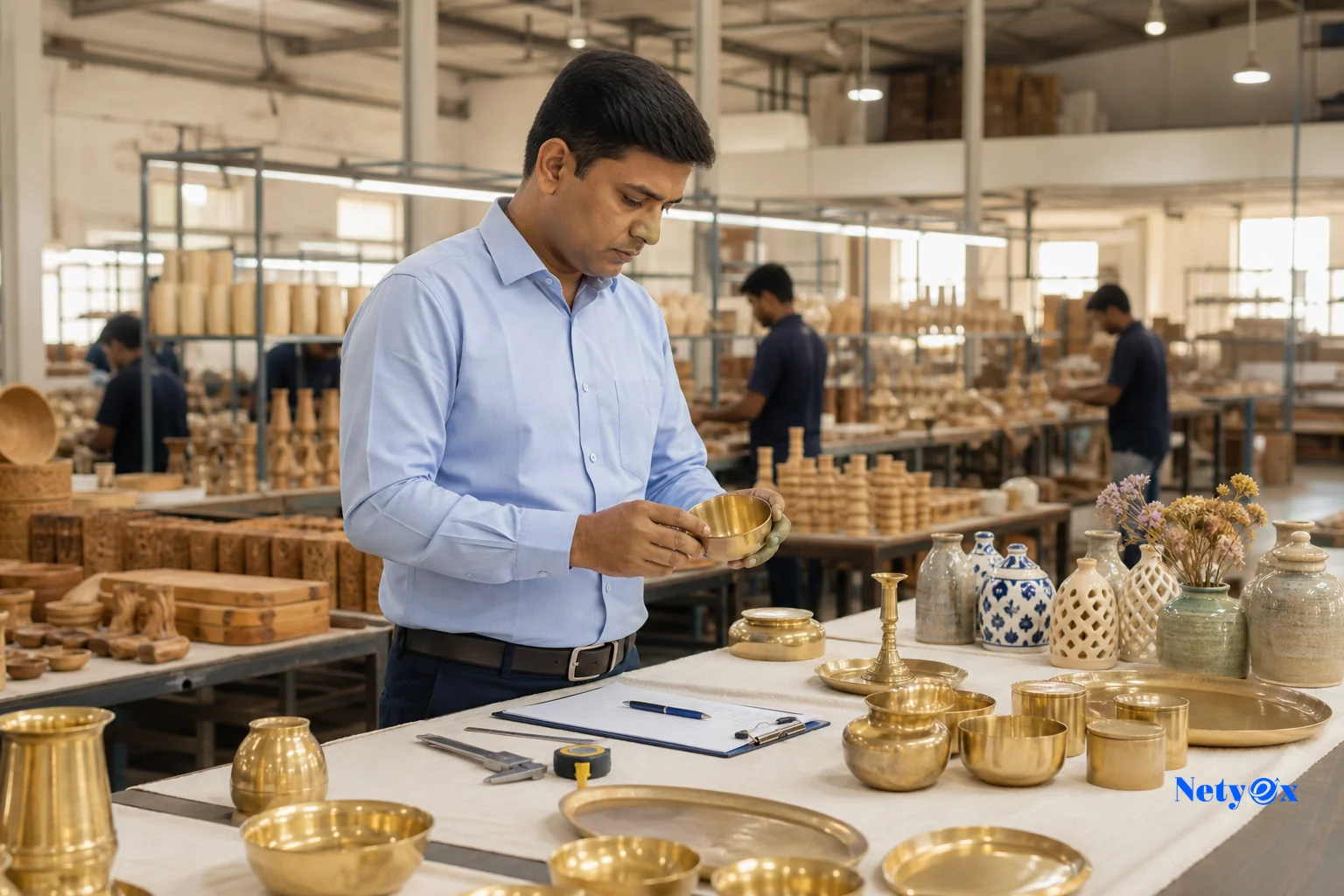 Quality control inspection of brass tableware and ceramic home décor products in an Indian manufacturing facility