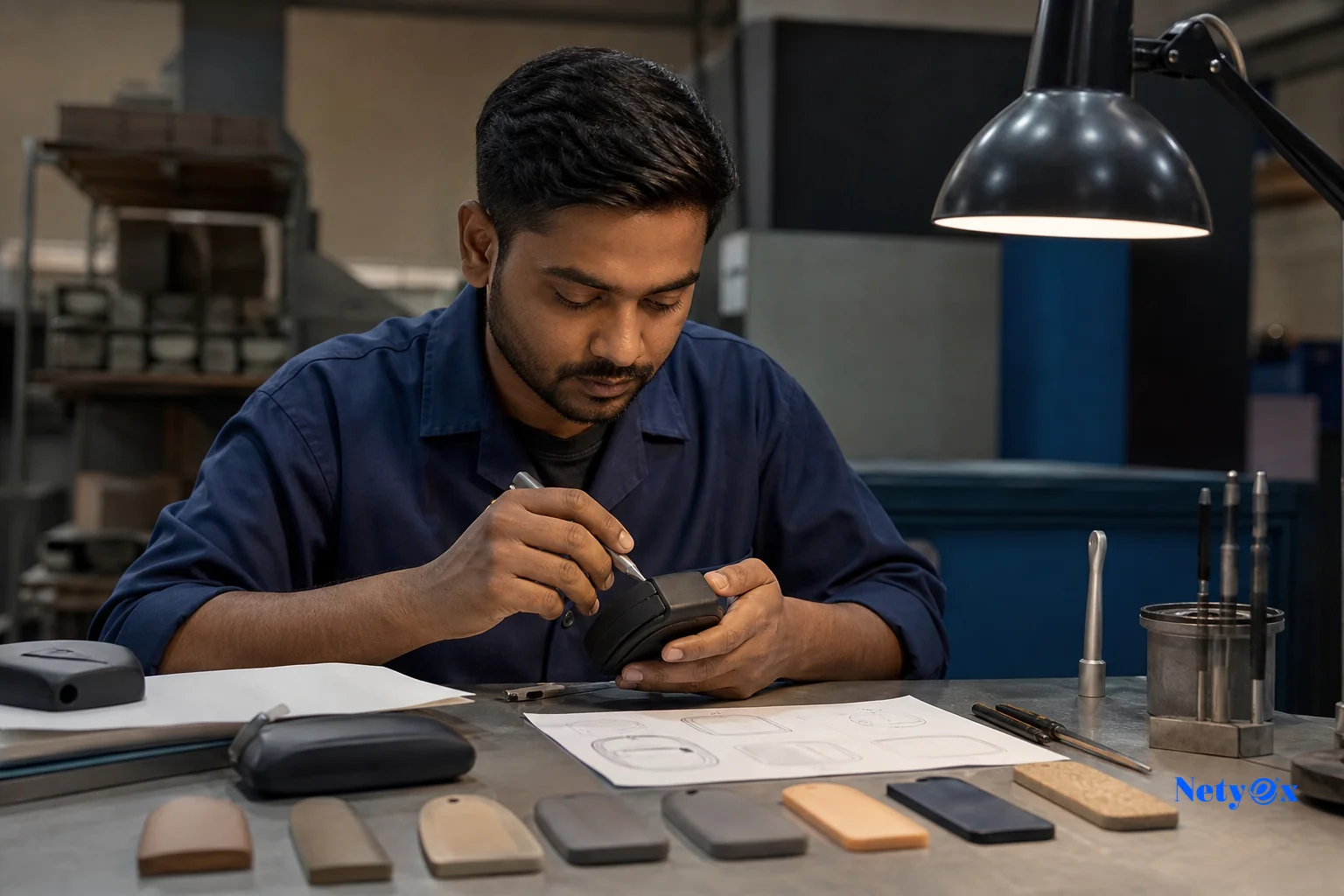 Factory technician working on a custom product prototype for a private label brand. photorealistic: An Indian factory technician carefully hand-finishing a custom private-label product prototype, workbench with design sketches and material
