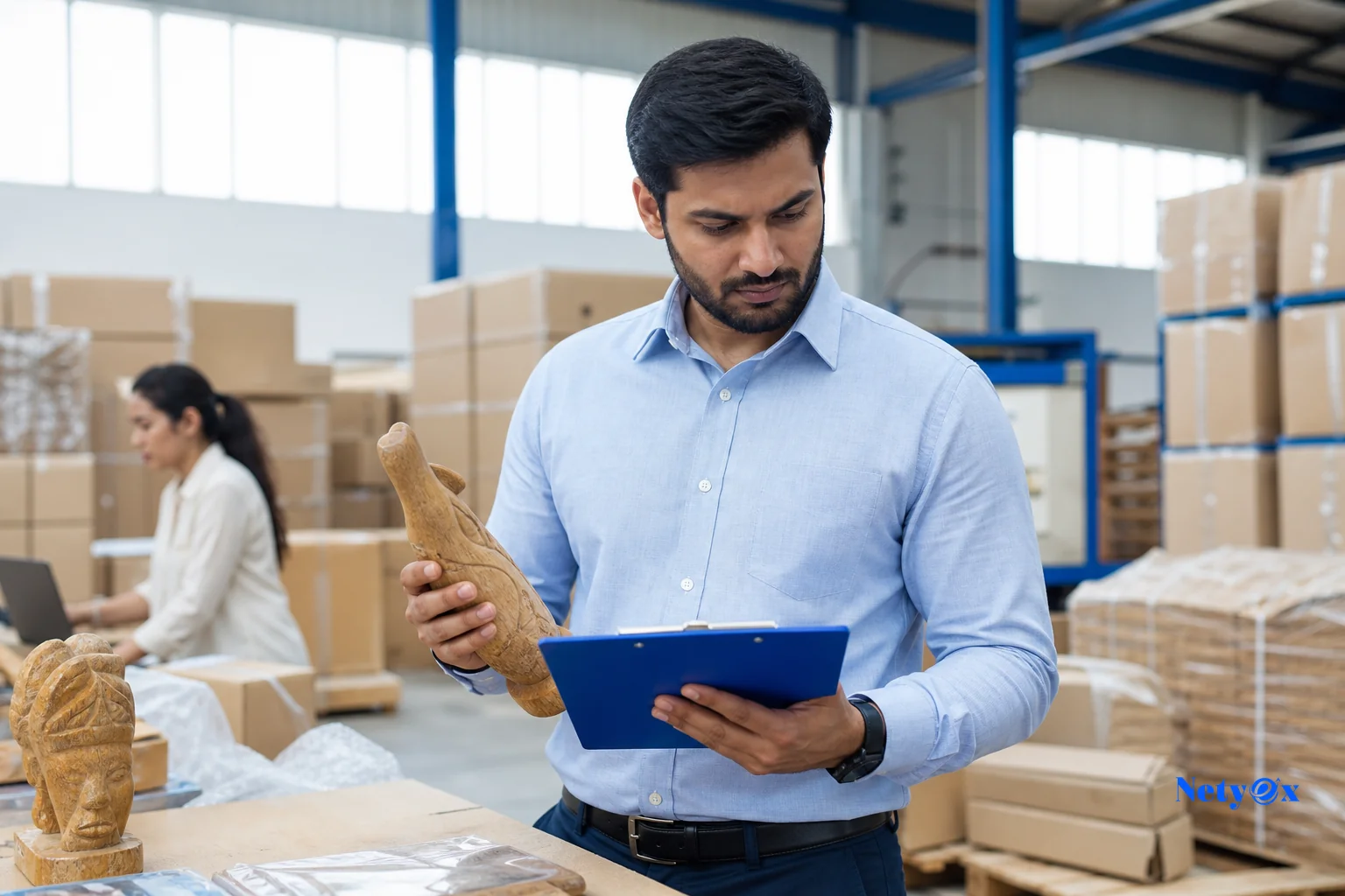 A sourcing professional reviewing documents and inspecting handicraft samples in a warehouse setting. photorealistic, a professional sourcing specialist in business casual attire inspecting a wooden handicraft sample against a checklist on
