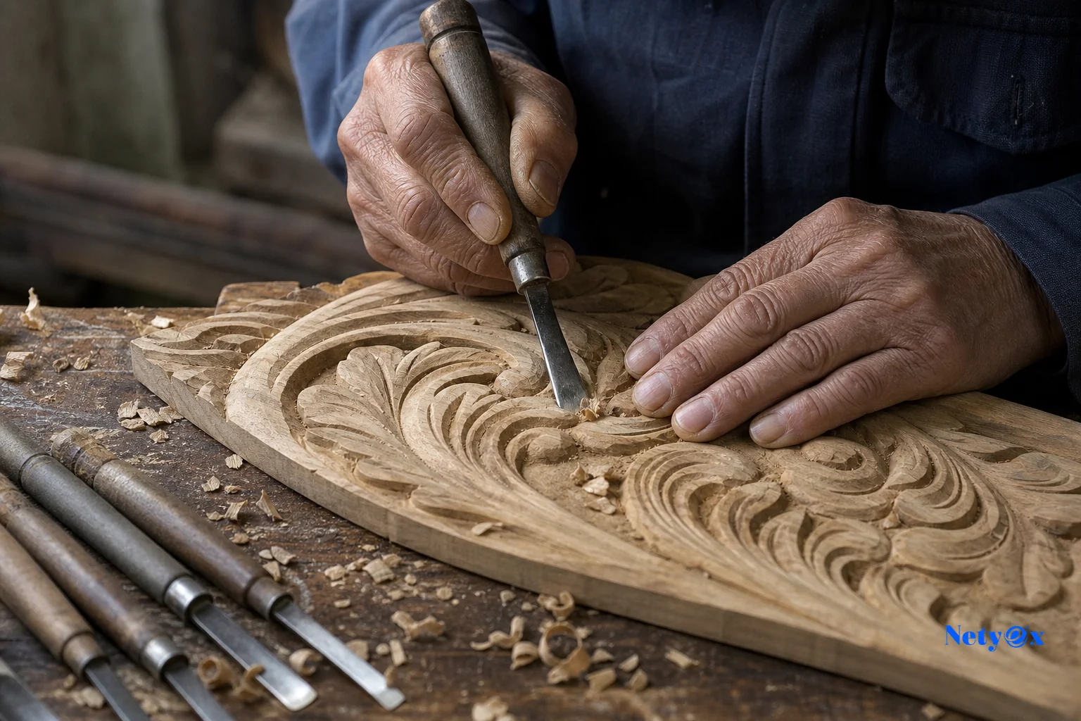 Close-up of hands working with traditional wood carving tools, symbolizing ethical craftsmanship. photorealistic, close-up shot of weathered hands carefully carving a wooden decorative panel with traditional chisels, fine wood shavings on