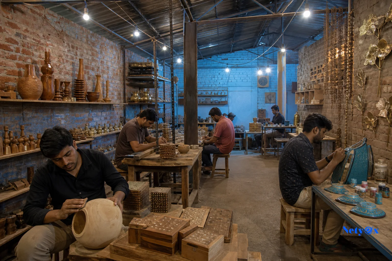 Wide shot of a small artisan cluster workshop in a North Indian town with several workers at different stations. photorealistic, wide-angle interior shot of a small handicrafts cluster workshop in North India, several artisans working at
