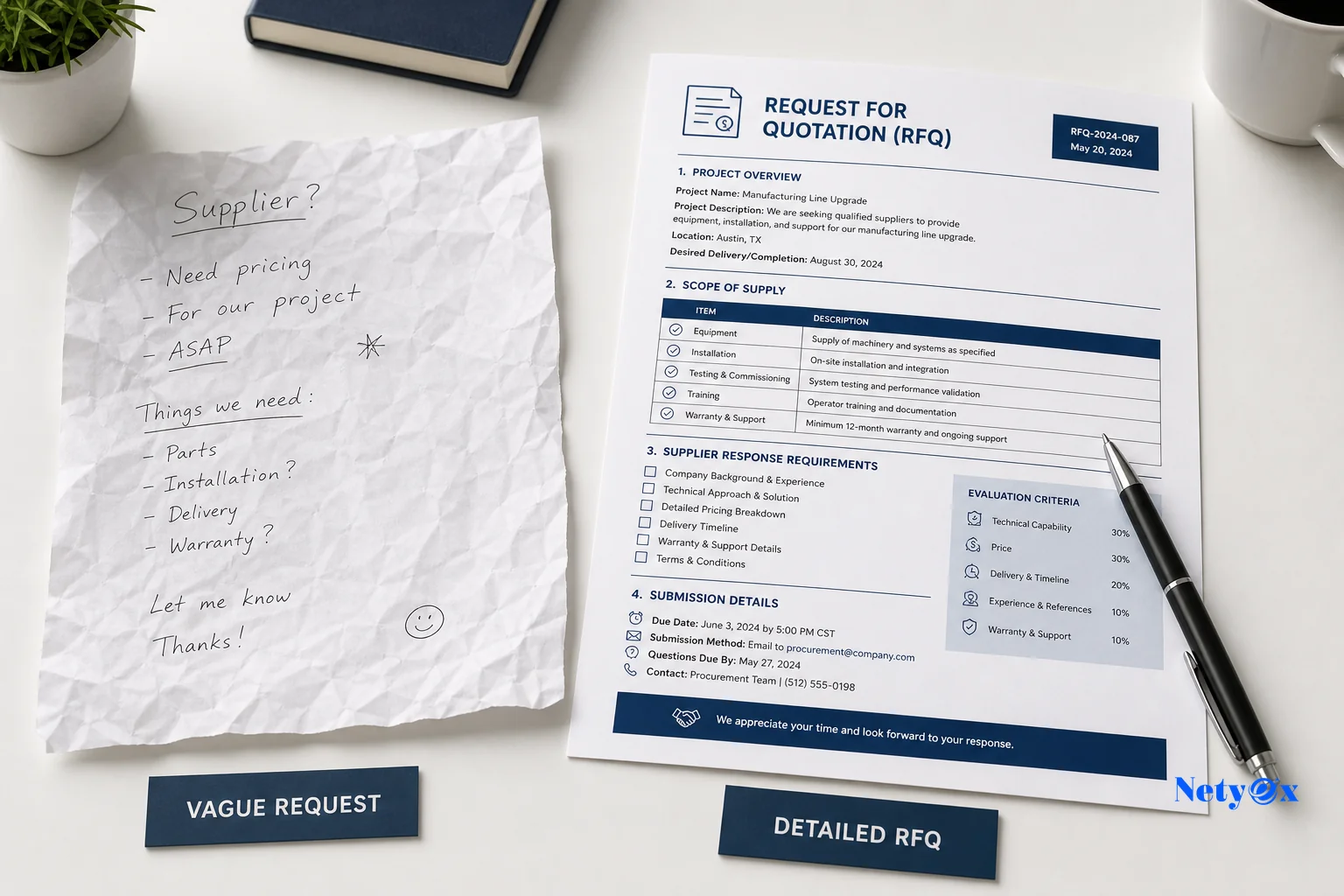 Contrast between a vague disorganized sourcing request and a structured detailed RFQ document
