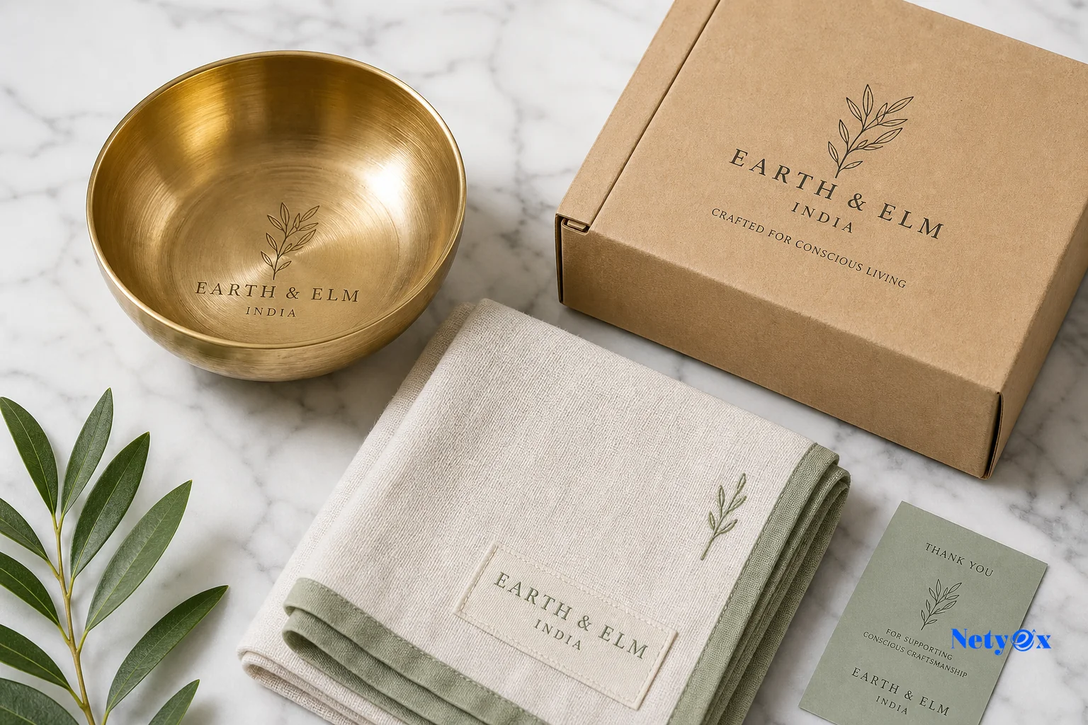 Custom private label product samples including engraved brass, embroidered textile, and branded packaging from India