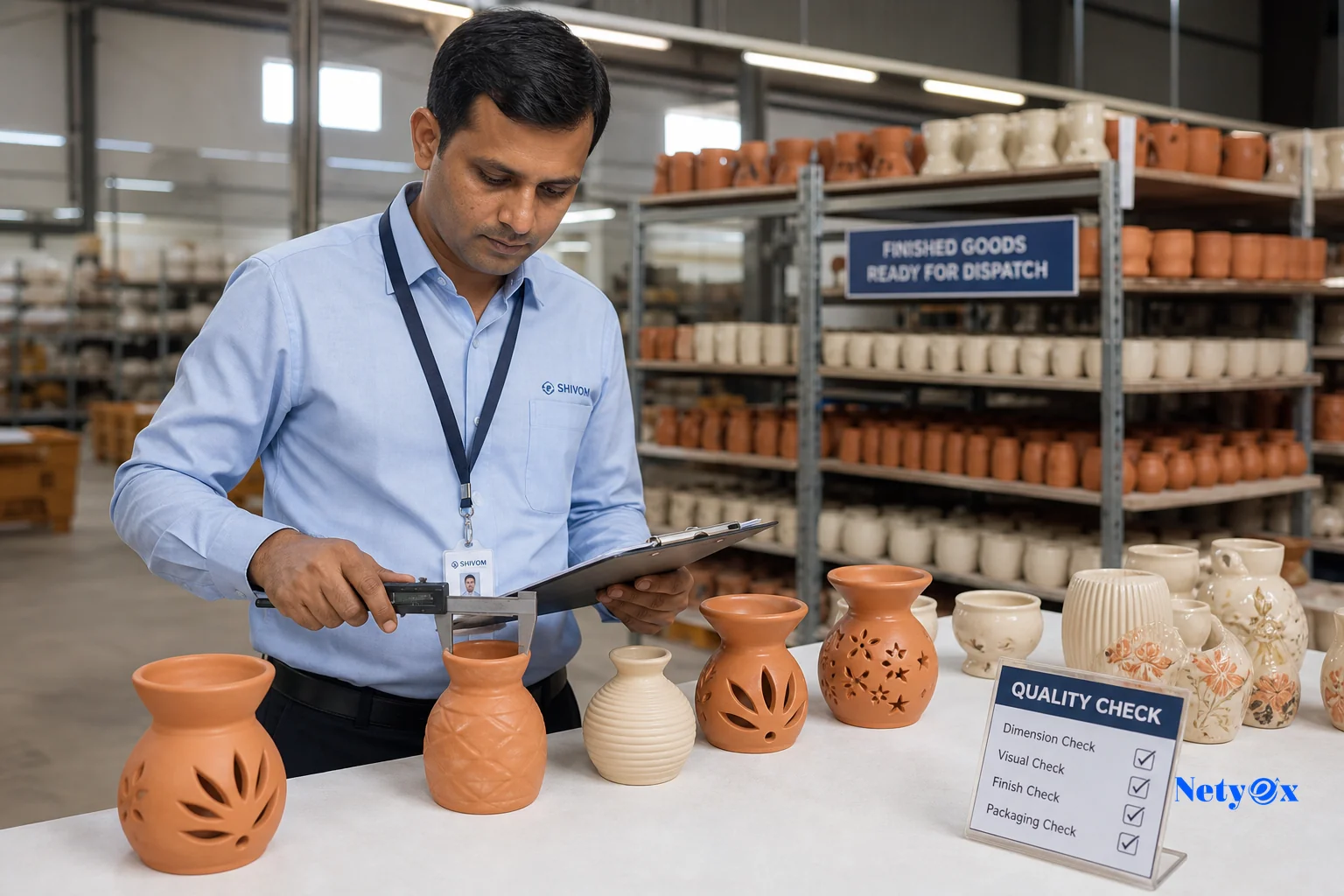 Quality control inspector examining ceramic products in an Indian manufacturing facility during pre-shipment inspection