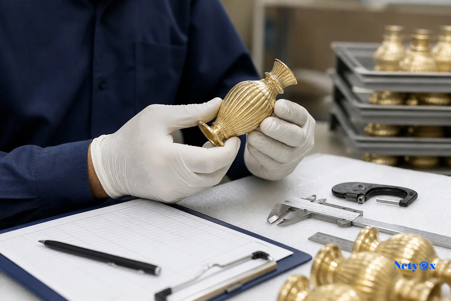 Quality control inspector examining a finished handicraft product during a factory audit in India