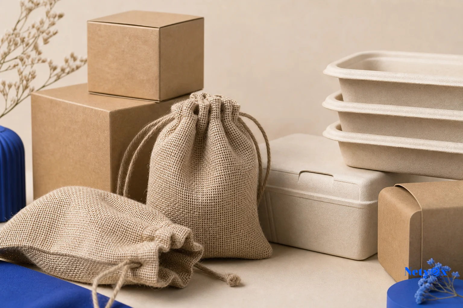 Close-up of sustainable jute, bamboo and kraft packaging materials arranged together. Photorealistic close-up photo of sustainable packaging materials arranged on a flat surface: natural jute fabric pouches, bamboo fiber boxes, and kraft