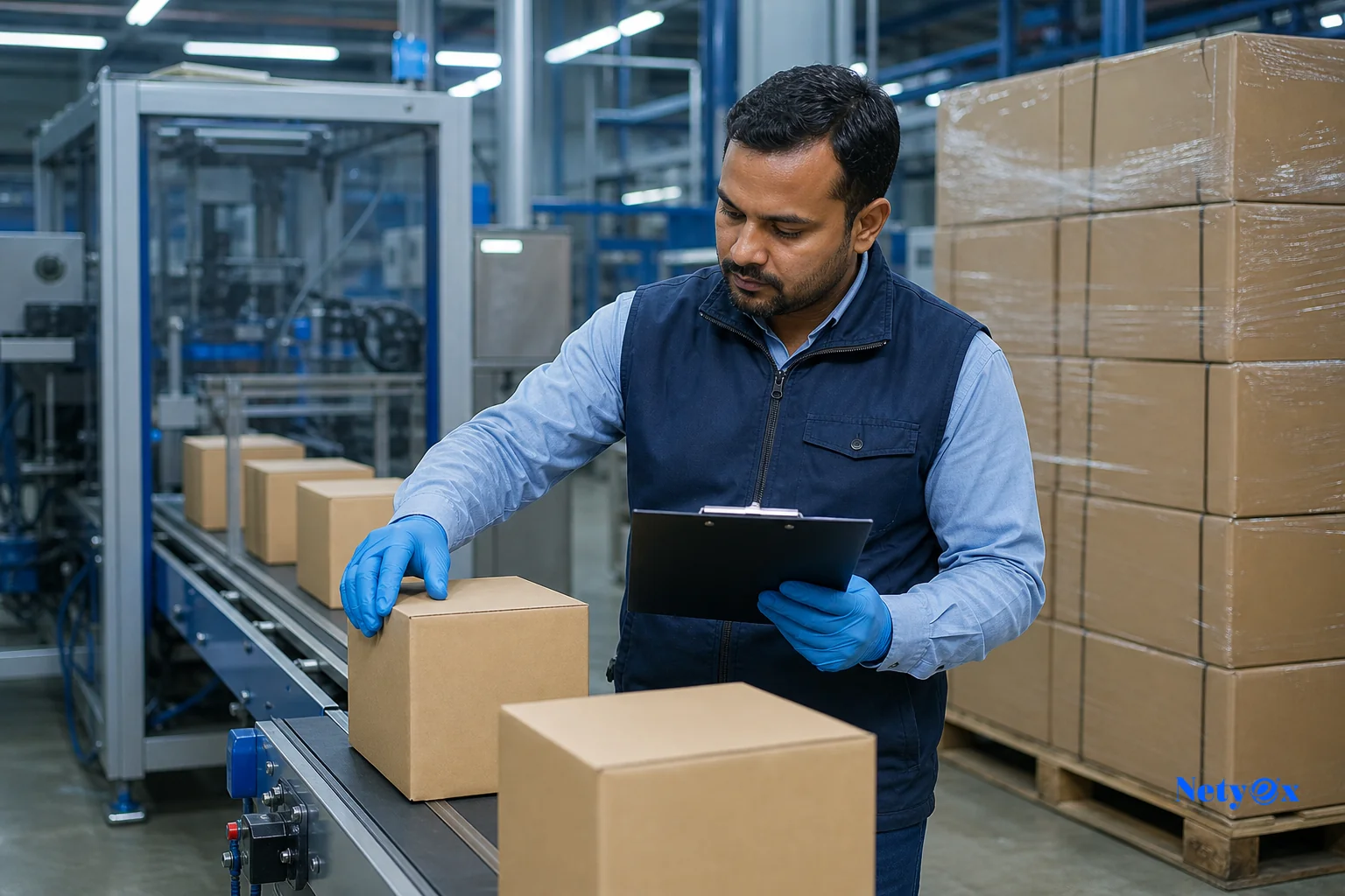 Quality inspector checking packaging boxes before export in an Indian factory. Photorealistic photo of a quality control inspector in an Indian packaging factory examining finished kraft paper boxes on a conveyor line, wearing a clipboard