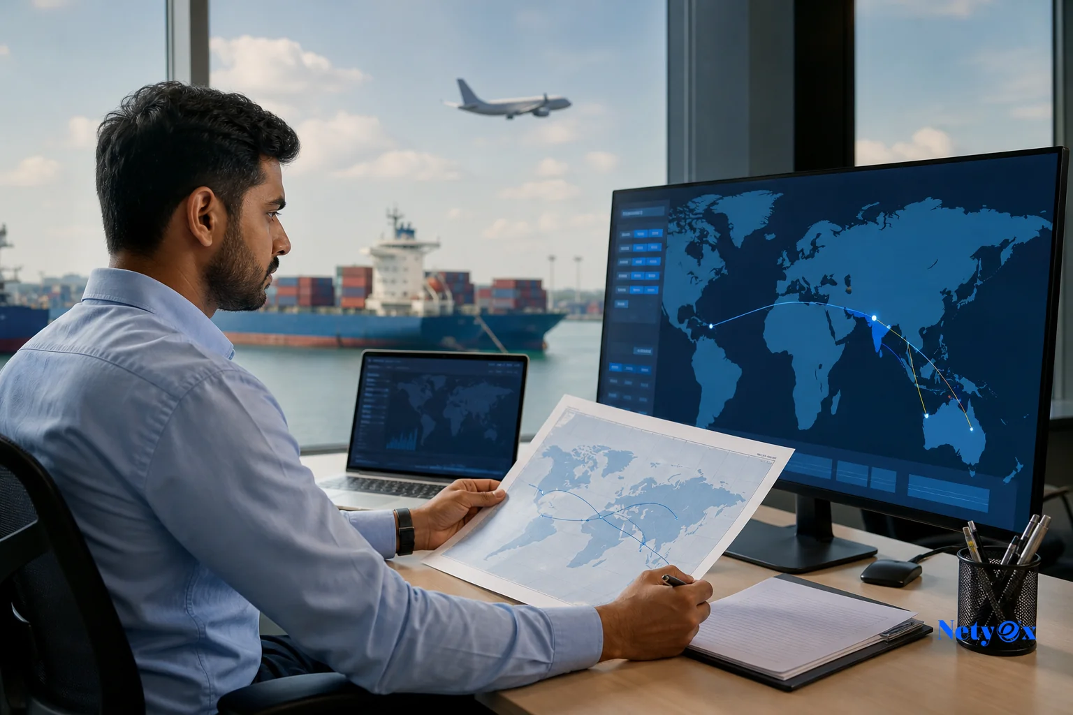 Logistics coordinator reviewing shipping routes and tracking documents for a shipment from India to Australia