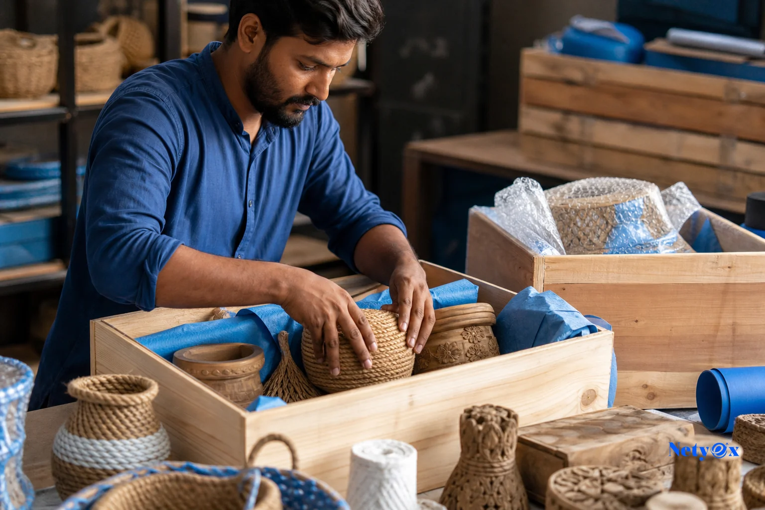 Worker packing handcrafted wooden and jute goods for export with biosecurity-compliant packaging materials