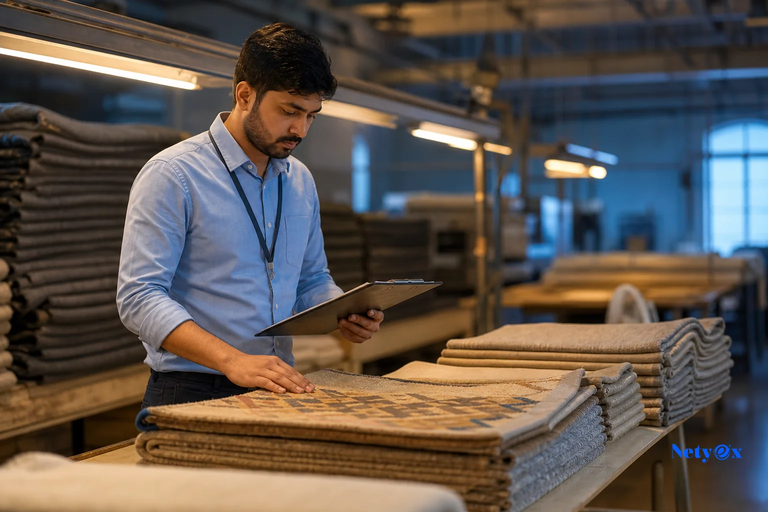 Quality inspector examining textile or handicraft products in an Indian factory before shipment. photorealistic photo of a quality control inspector in an Indian textile factory carefully examining folded fabric and rugs on a table