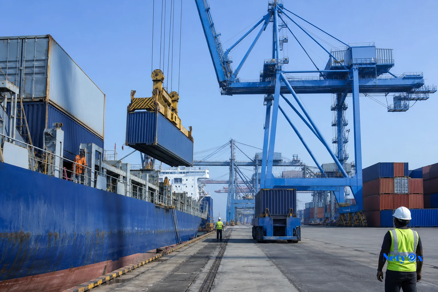 Cargo containers being loaded at an Indian port for export shipment. photorealistic photo of shipping containers being loaded onto a cargo vessel at an Indian port, cranes and blue sky, workers in safety vests, wide industrial dock scene