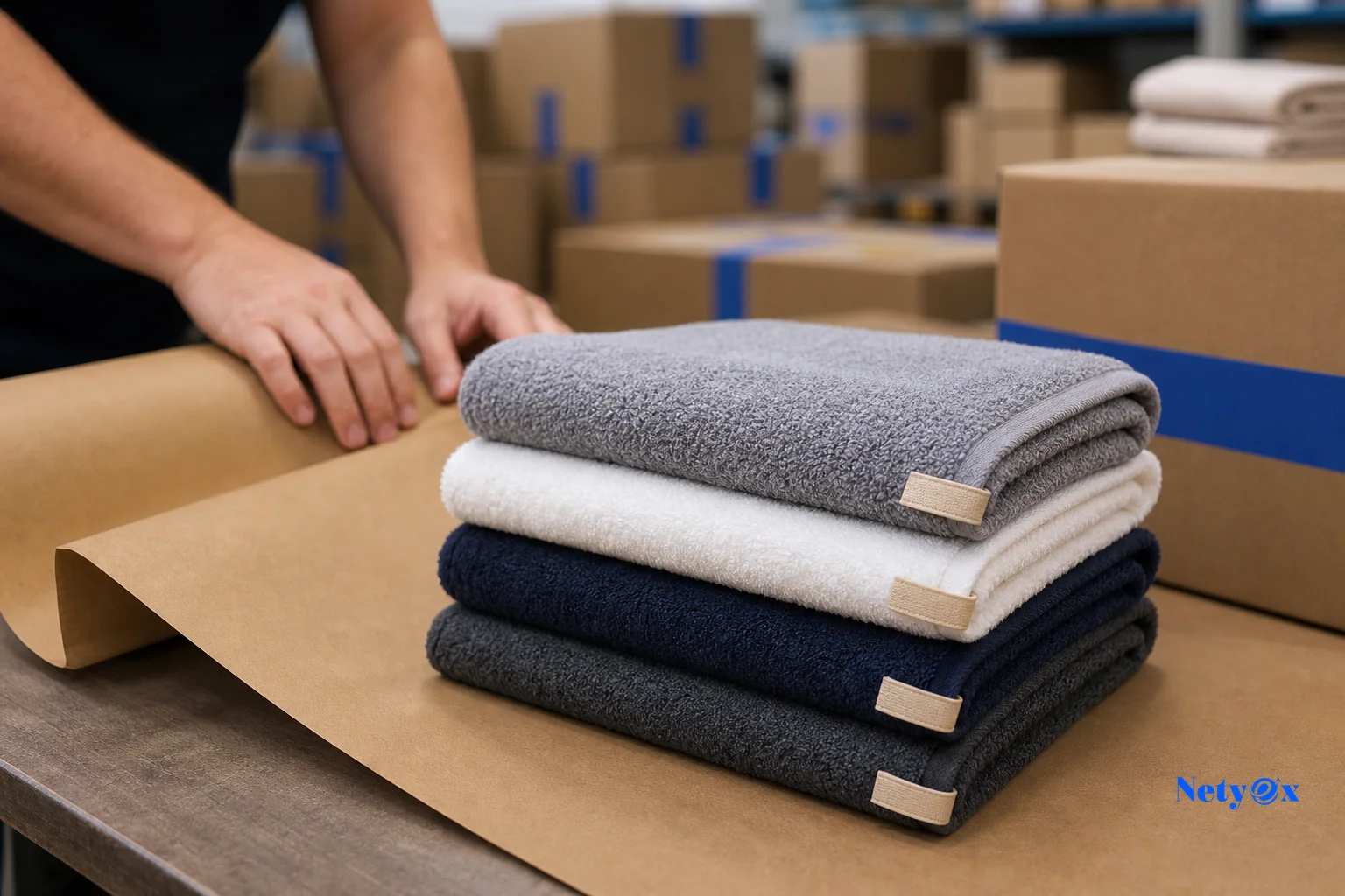 Export cartons of bath towels being loaded onto a pallet at a logistics yard for shipment from India