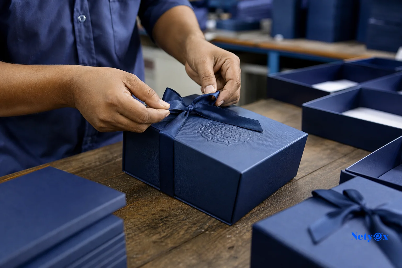 Close-up of branded gift box production with logo embossing and ribbon finishing. Photorealistic close-up photo of hands finishing a rigid branded gift box with embossed logo detail and blue ribbon, on a factory workbench in India, soft