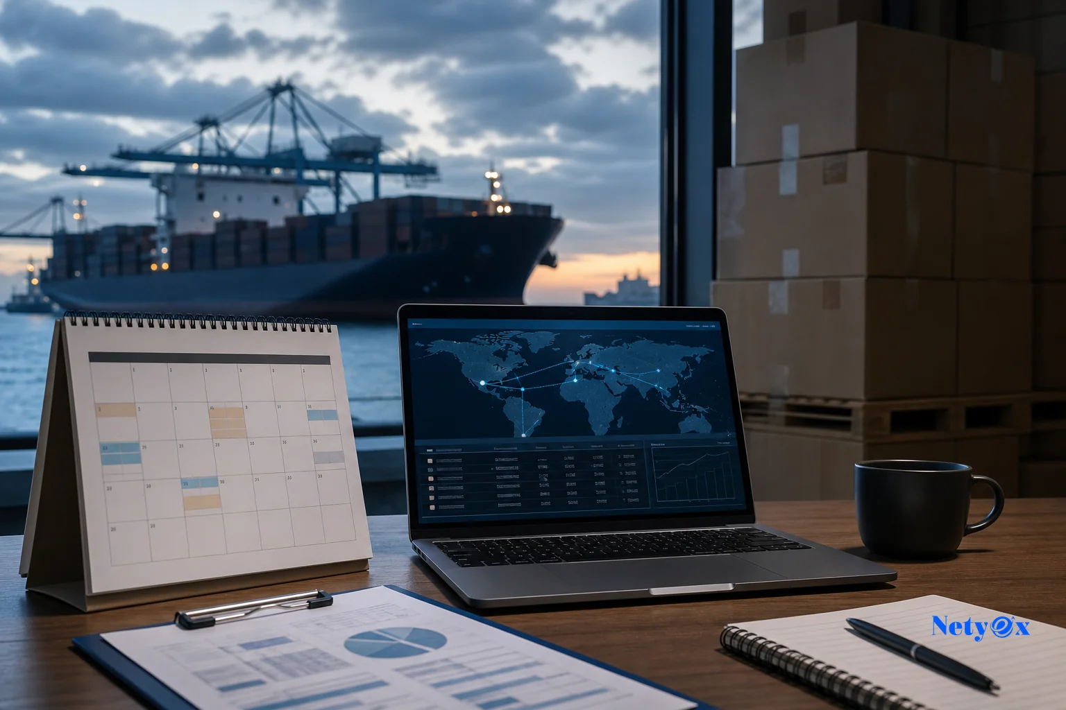 Photorealistic photo of a desk workspace showing a calendar, a laptop with shipment tracking screen, a cargo ship silhouette visible through a window, and a stack of packed export cartons in the background, muted blue and dark slate color