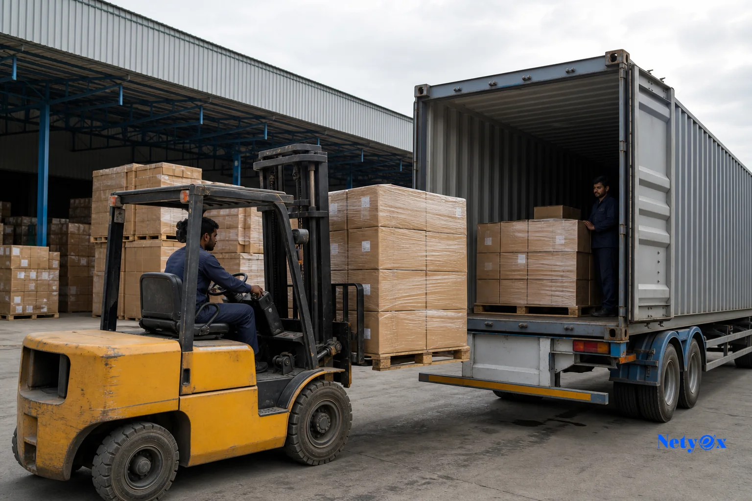 Export cartons being loaded for international shipment to multiple countries. Photorealistic photo of export cartons labeled for international shipping being loaded onto a truck at an Indian logistics warehouse, forklift in motion, overcast