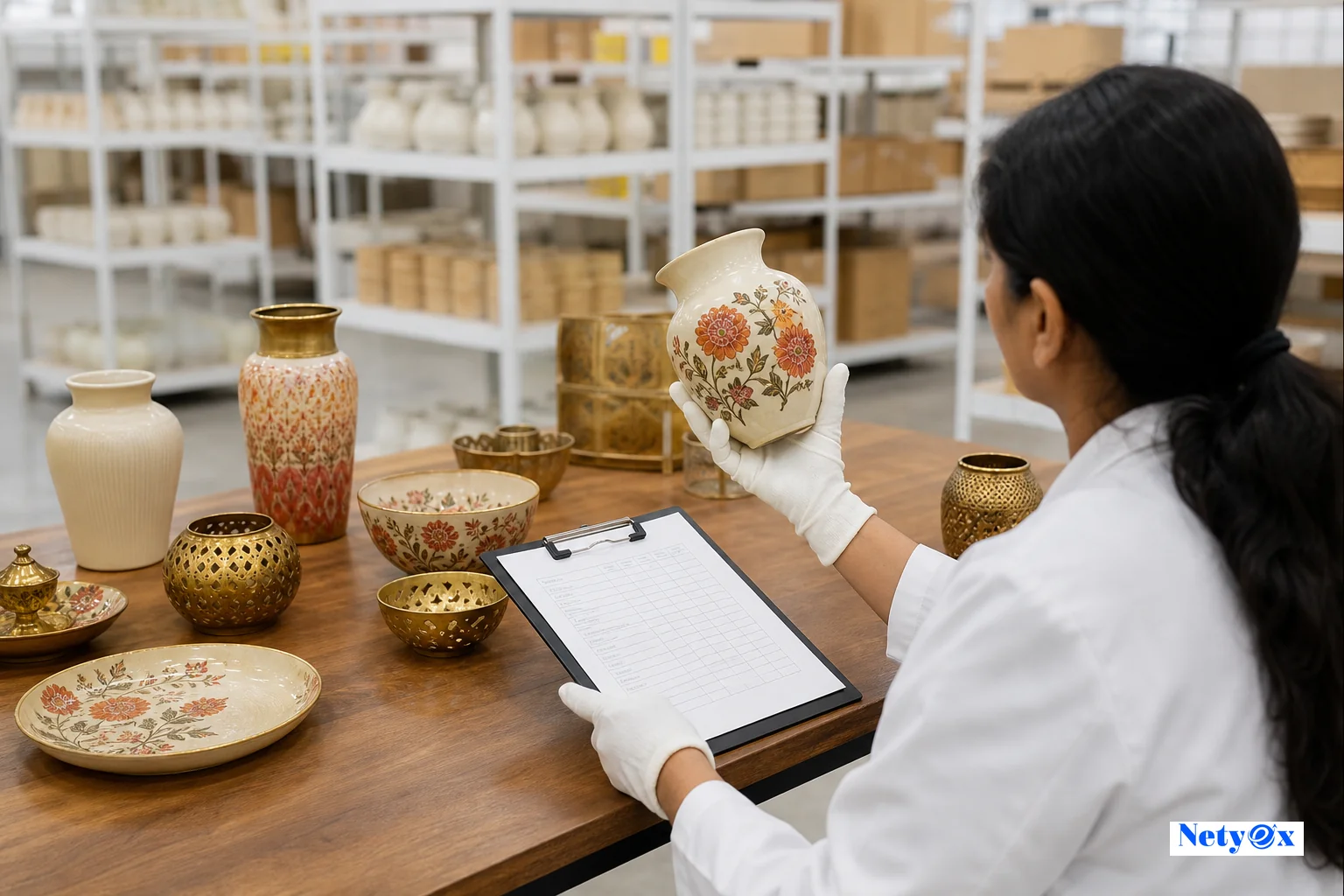 Quality control inspector examining hand-painted ceramic vases and brass home decor items on a warehouse table with a checklist clipboard