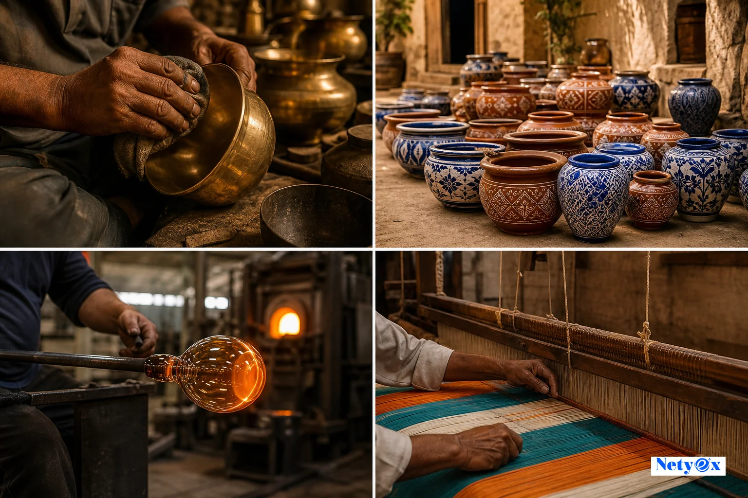 Four-panel collage showing Indian artisan craftsmen working on brass metalwork, ceramic pottery, glassware, and handloom textiles across different manufacturing clusters