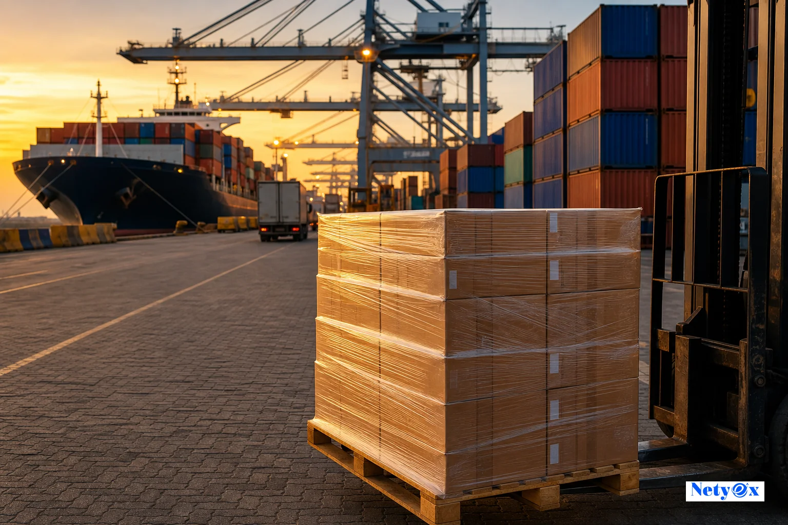 Indian cargo port at golden hour with stacked shipping containers and a container ship in the background, representing home decor export logistics