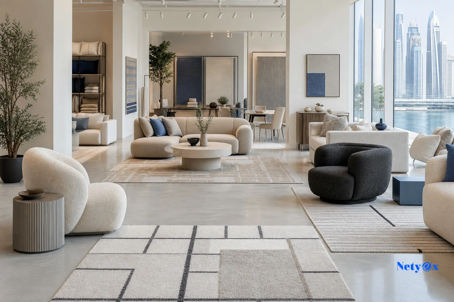 A modern Saudi retail showroom displaying minimalist rugs in neutral tones. Photorealistic photo of a bright, minimalist home decor showroom in a modern Gulf city, wide shot showing several neutral-toned geometric wool rugs laid out on a