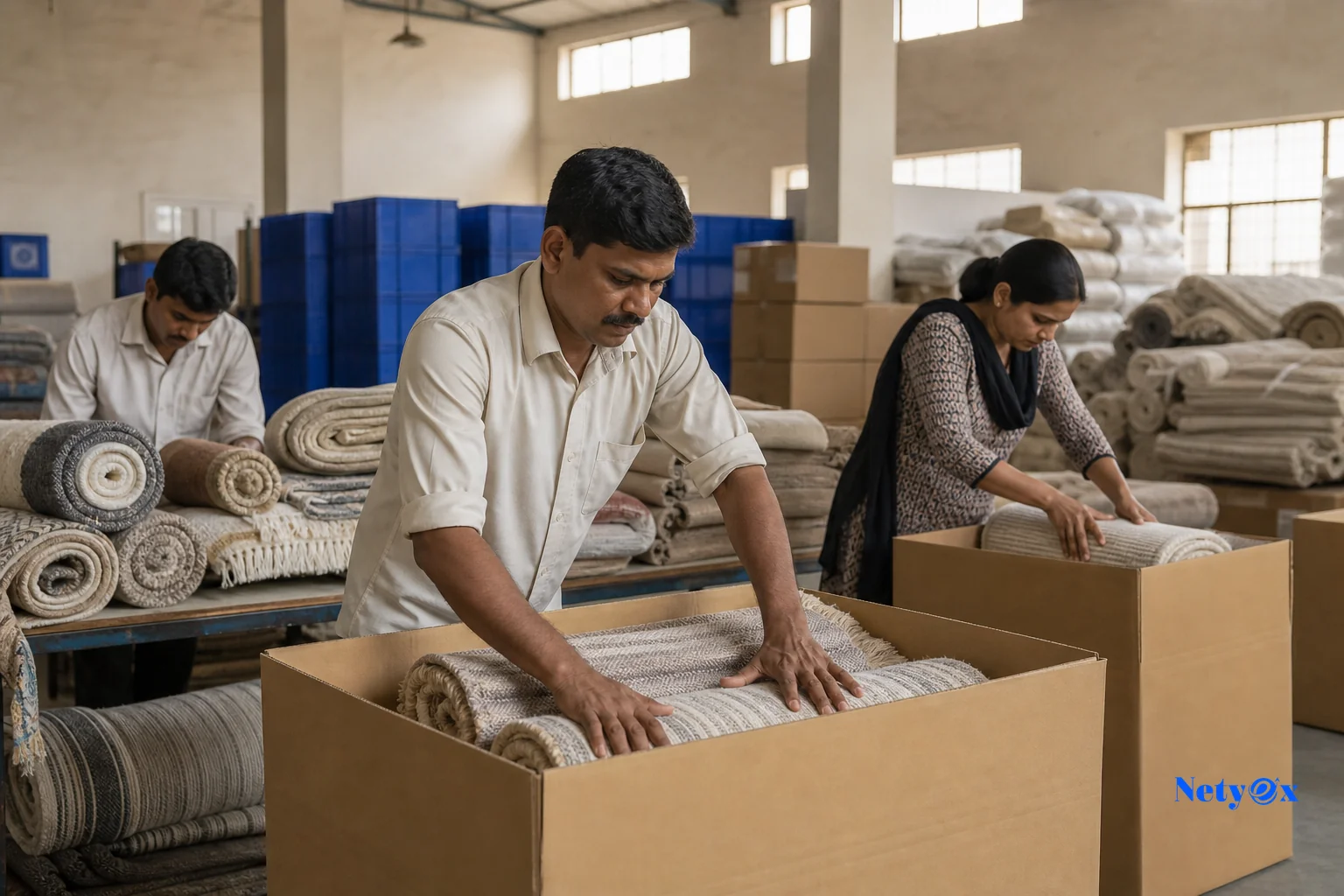 Photorealistic photo of an Indian textile export warehouse, workers carefully folding and packing rolled wool rugs and neutral-toned home textiles into export cartons, organized stacks, natural warm lighting through high windows, visible