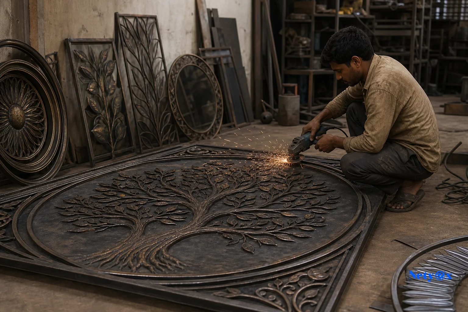Close-up of antique brass finish and ground weld seam on decorative metal wall art