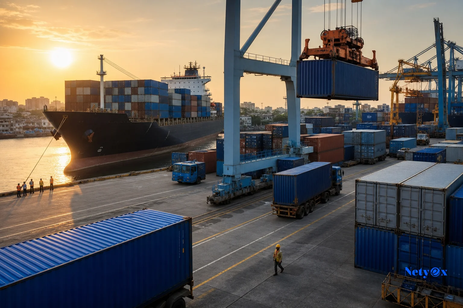 Cargo containers and a ship at an Indian port representing shipping terms and risk transfer. Photorealistic wide shot of a busy container port in India at golden hour, stacked shipping containers in blue and neutral tones, a cargo ship