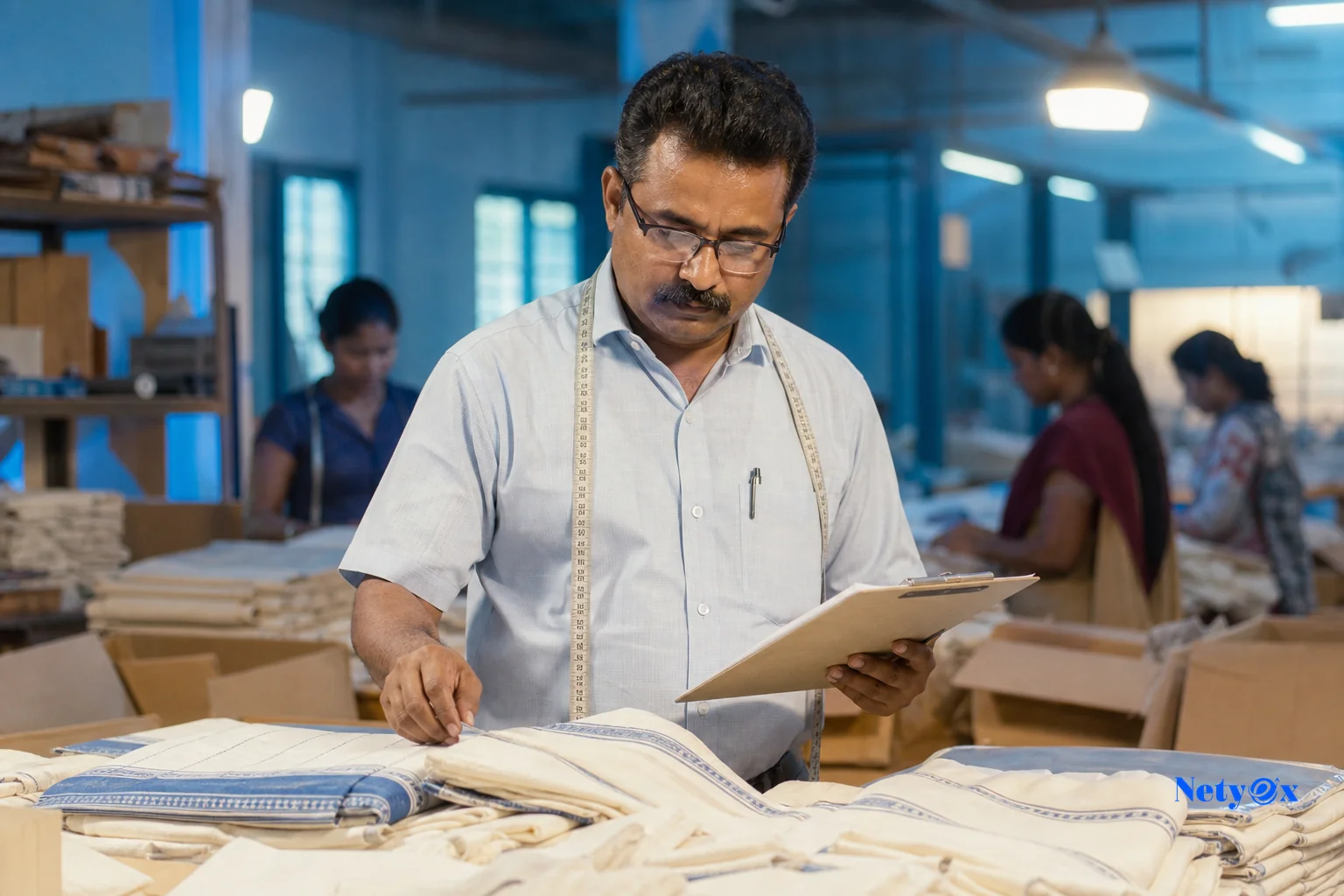 photorealistic photo of a quality inspector in an Indian textile or handicraft workshop examining finished goods on a table before packing, warm factory lighting mixed with cool blue accent tones, clipboard and inspection checklist in hand