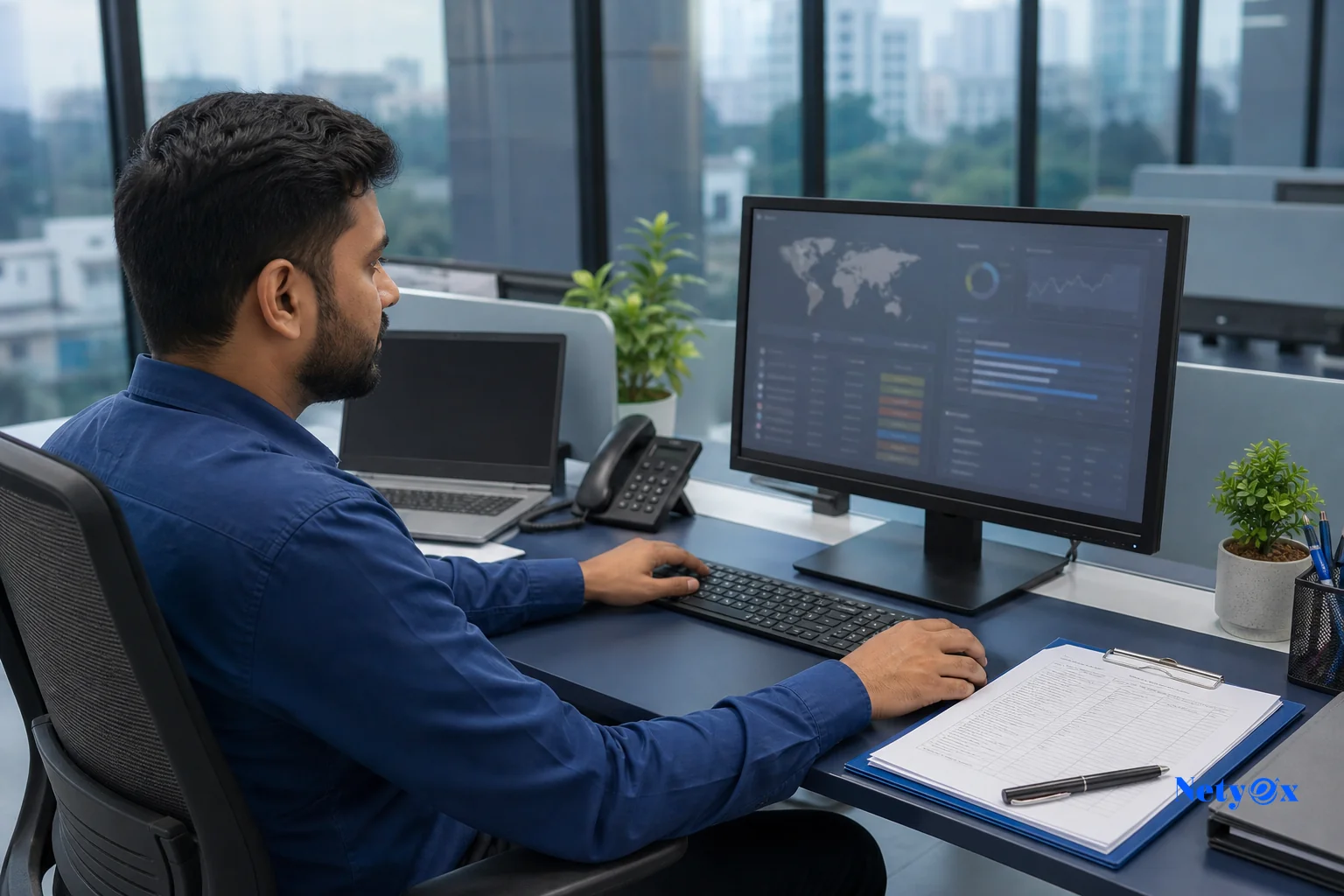 A sourcing specialist coordinating between buyer and factory using a digital tracking dashboard. photorealistic photo of a sourcing specialist at a desk in Noida India looking at an order-tracking dashboard on a monitor, blue and slate