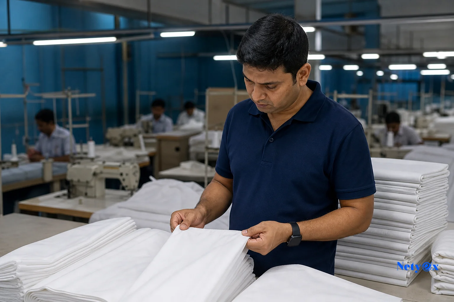 Factory audit scene inside an Indian textile or furniture manufacturing unit. Photorealistic photo of an Indian manufacturing facility floor during a supplier audit, an inspector in a navy blue polo checking stitching quality on stacks of
