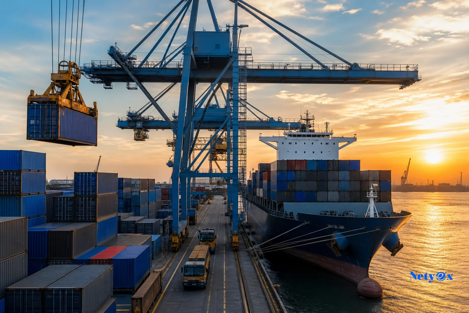 Shipping containers and cargo being loaded for export from India to Dubai port. Photorealistic photo of stacked shipping containers at an Indian export port with a cargo ship being loaded by crane, golden hour lighting, blue and steel-gray