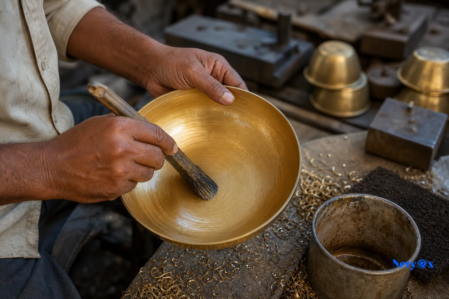 Artisan applying a protective lacquer coating inside a brass bowl in an Indian workshop