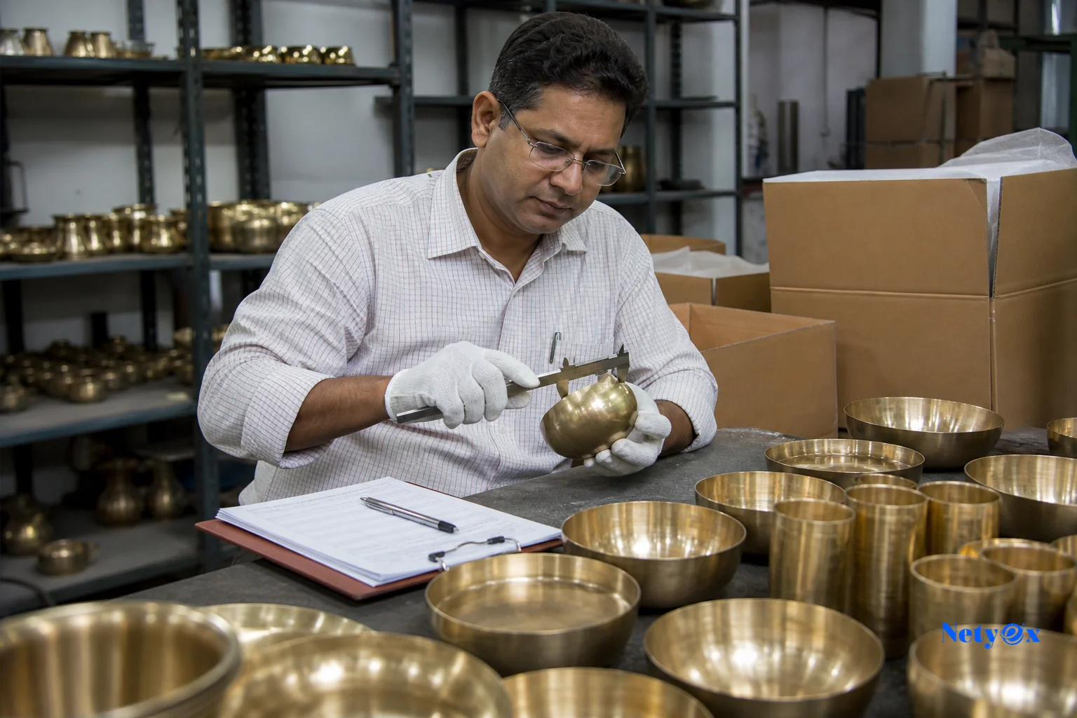 Quality control inspector examining brass tableware pieces against a checklist before export