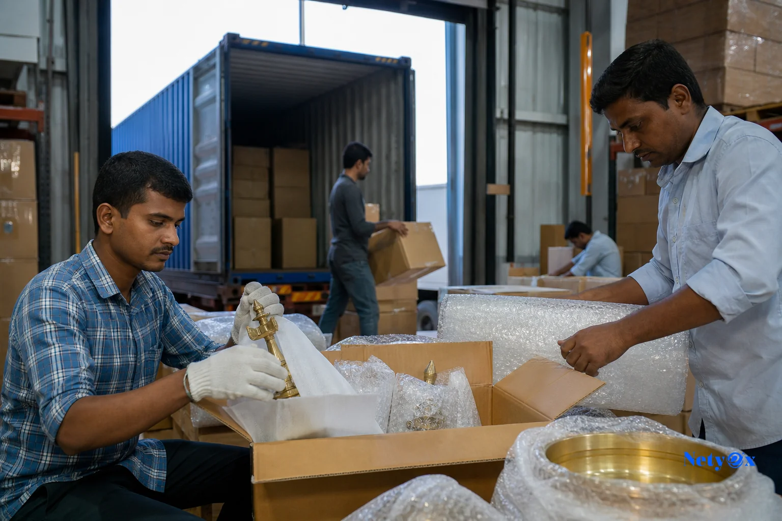 Workers packing brass tableware into export cartons in an Indian warehouse for international shipping
