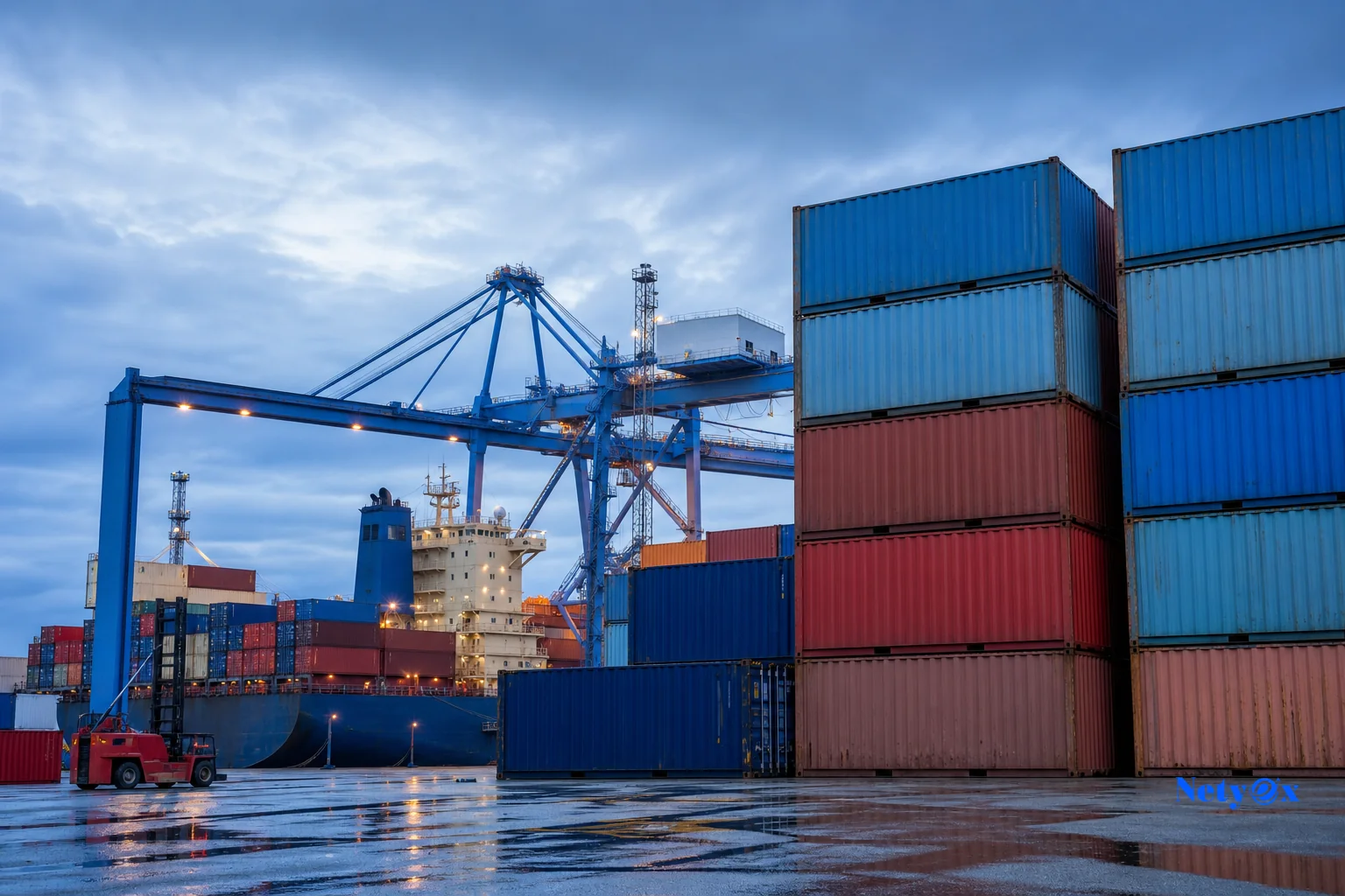 Cargo containers and freight logistics representing India to Kuwait sea shipping route. photorealistic photo of stacked shipping containers at a busy port terminal with cranes in the background, overcast blue-toned sky matching brand colors