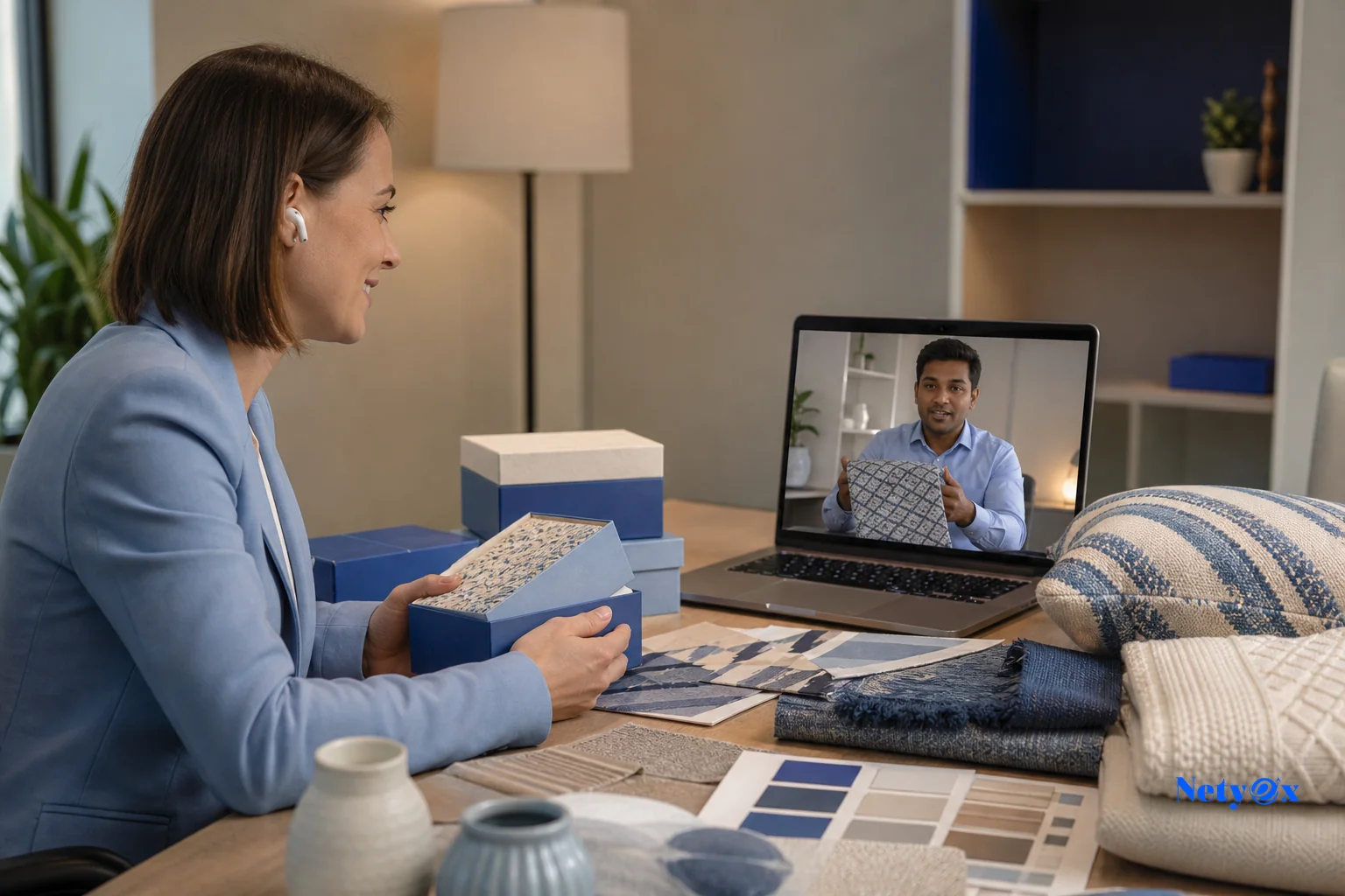 International buyer reviewing private-label packaging samples with an India sourcing team over video call