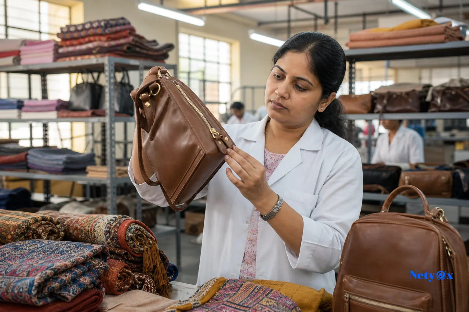 Quality control inspector examining a leather handbag in an Indian export factory with accessories samples visible on shelving in the background