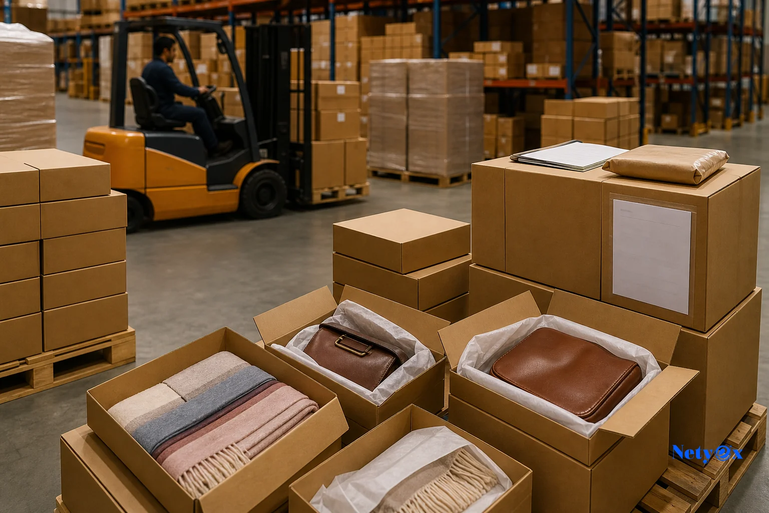Export-ready fashion accessories packed in branded retail boxes on pallets in an Indian warehouse, with packing list documents visible