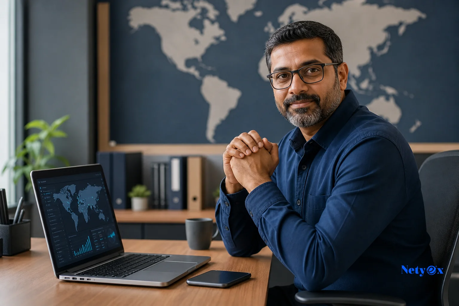 Photorealistic photo of a professional sourcing specialist at a modern office desk in India, laptop open showing shipment tracking dashboard, phone nearby, world map on the wall in the background, natural daylight, color palette leaning