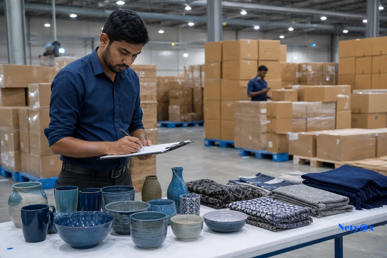 Quality control inspector examining finished home decor or textile products before shipment in an Indian export facility. Photorealistic photo of a quality control inspector in an Indian export warehouse carefully examining ceramic and