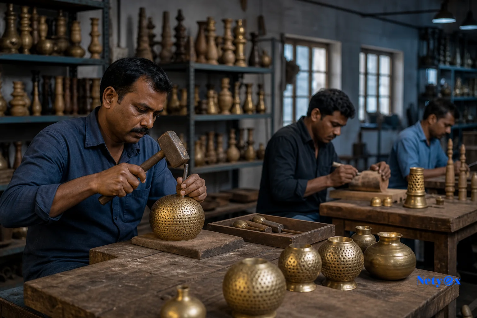 Indian manufacturing workshop showing artisans producing handicrafts and home decor items, representing factory-level production cost. Photorealistic photo of an Indian handicraft manufacturing workshop, artisans working at wooden