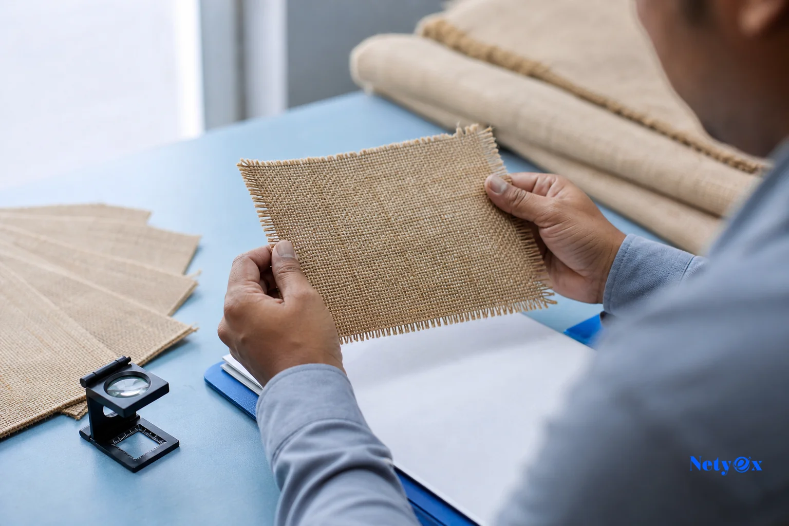 Quality inspector examining jute fabric samples and compliance documents