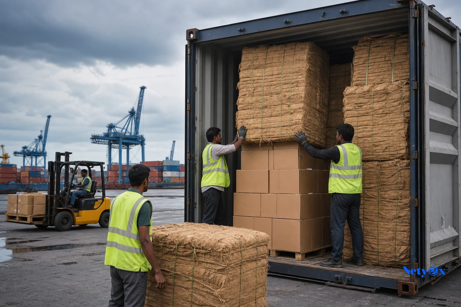 Jute bales and cartons being loaded into a shipping container at an Indian port