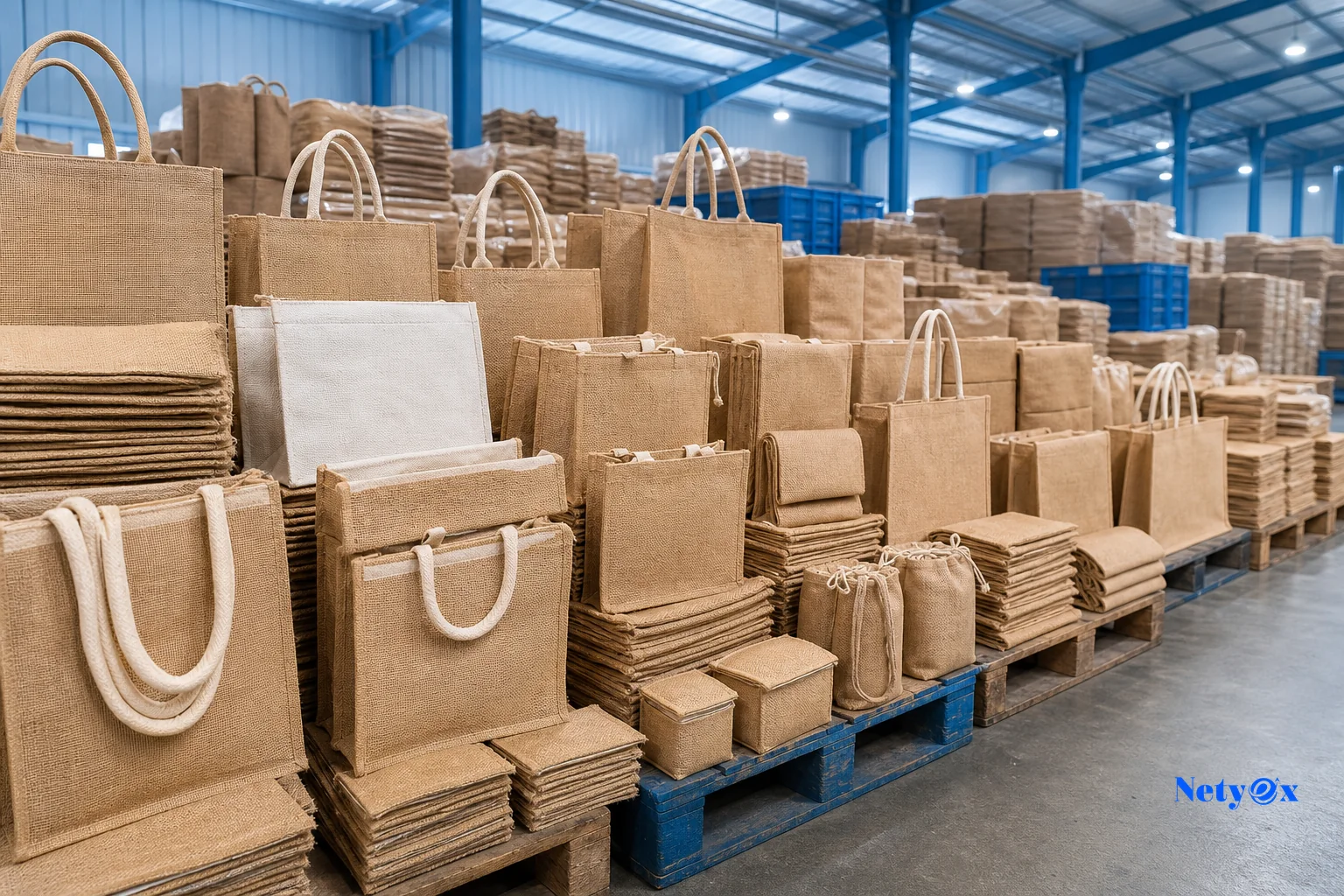 Stacked jute tote bags and packaging pouches ready for export in an Indian warehouse