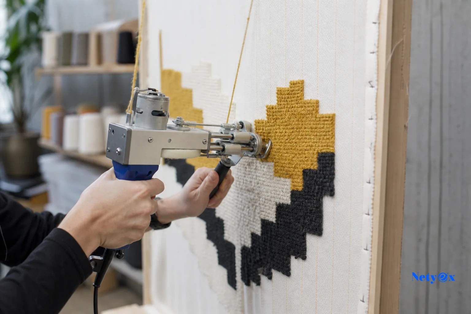 Close-up of tufting gun punching yarn loops into backing cloth. Photorealistic close-up photo of a hand-held tufting gun mid-motion punching wool yarn loops through cotton warp cloth stretched on a frame, visible pile forming in a geometric