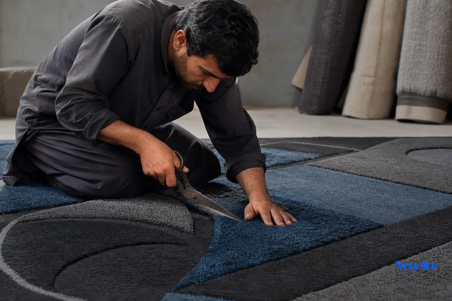 Worker hand-carving texture into a hand tufted rug with shears. Photorealistic photo of a craftsman using hand shears to carve and emboss a raised geometric pattern into a wool hand tufted rug laid flat on a workshop floor, visible texture