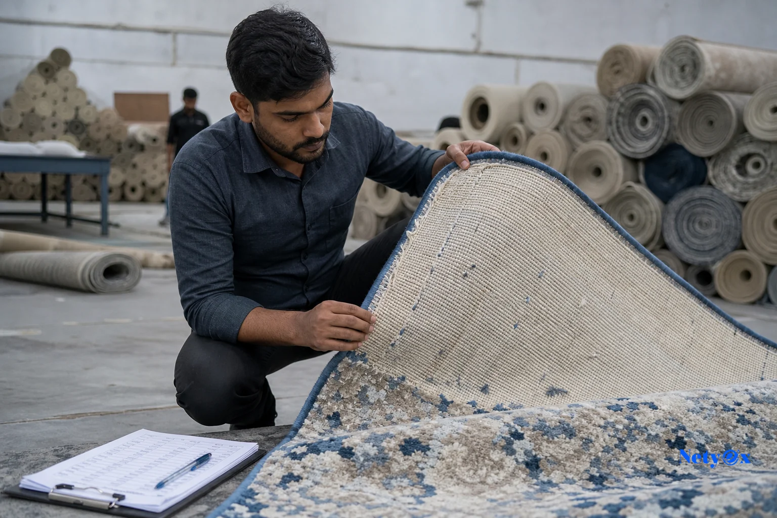 Quality inspector examining rug backing and latex bond. Photorealistic photo of a quality control inspector in an Indian rug factory flipping over a hand tufted rug to examine the latex backing and stitching, clipboard and inspection