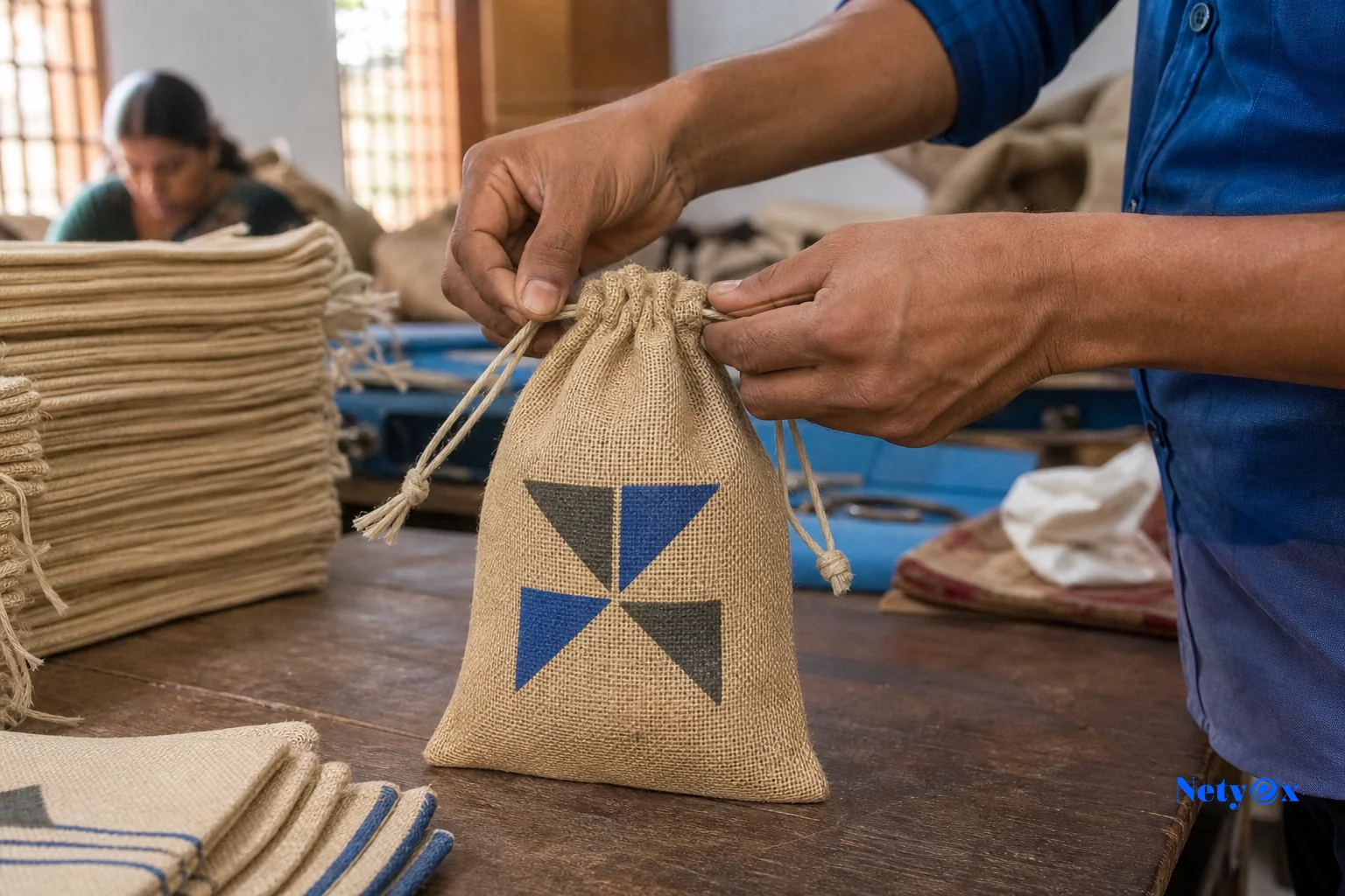 Close-up of jute pouch with printed branding on a worktable in an Indian workshop. Photorealistic close-up photograph of hands tying a natural jute drawstring pouch printed with a simple geometric logo, set on a wooden workshop table in an
