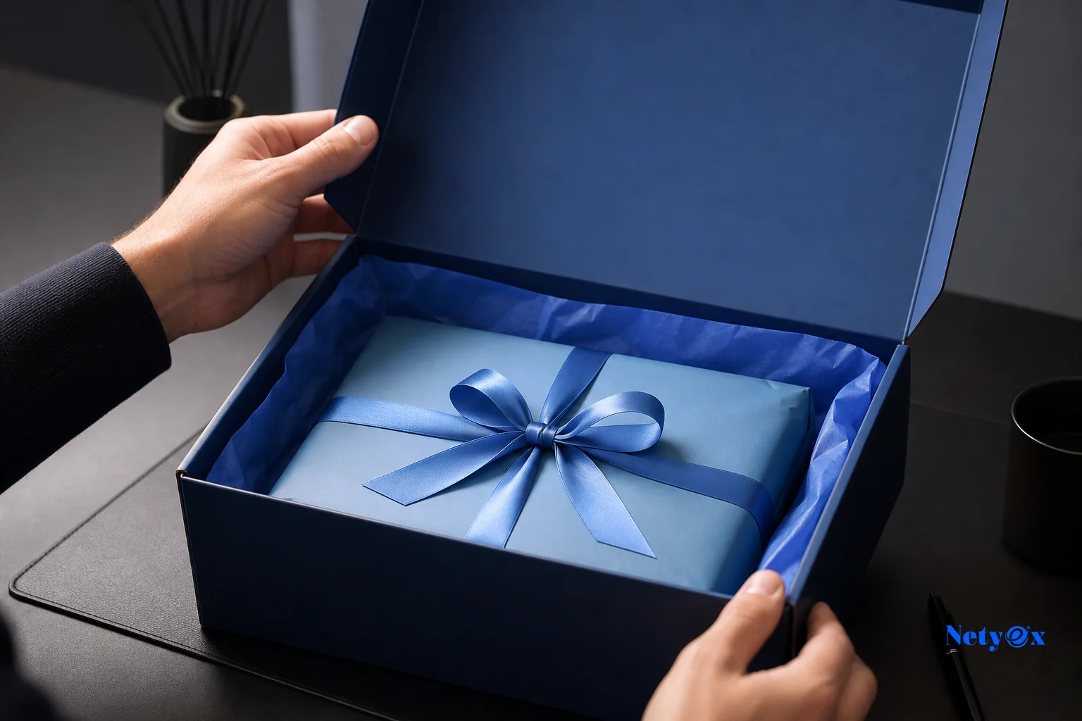 Person opening a branded rigid gift box revealing tissue paper and product inside. Photorealistic photograph of a person's hands opening a rigid magnetic-closure gift box lined with tissue paper in deep blue tones, revealing a wrapped
